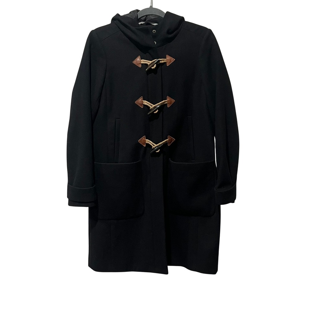 J. Crew Preppy Toggle Coat Black Wool Blend‎ Duffle Hooded Women's 8 Classic
